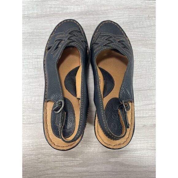 Born BOC Black Leather Wedge Heel Sandal Shoes Womens Size 10 - Picture 6 of 8